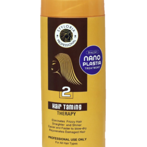 A Yellow Bottle by Styloria Professional Nano Plastia Treatment placed to show the product details