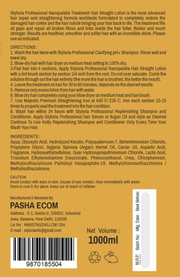 Product Details of the Nano Plastia Treatment Hair Taming Therapy written in Yellow Background