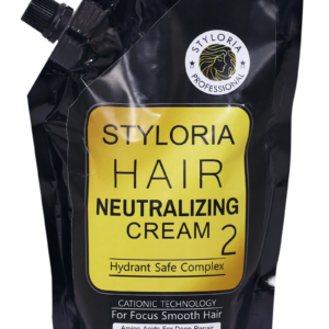 A black pouch with golden square with text "Styloria Hair Neutralizing Cream 2" and the Styloria logo in the top right corner of the pouch