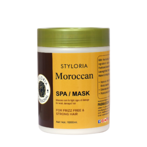 A yellow container with a dark brown on the left side with "Styloria Moroccan Spa/ Mask" and a green cap